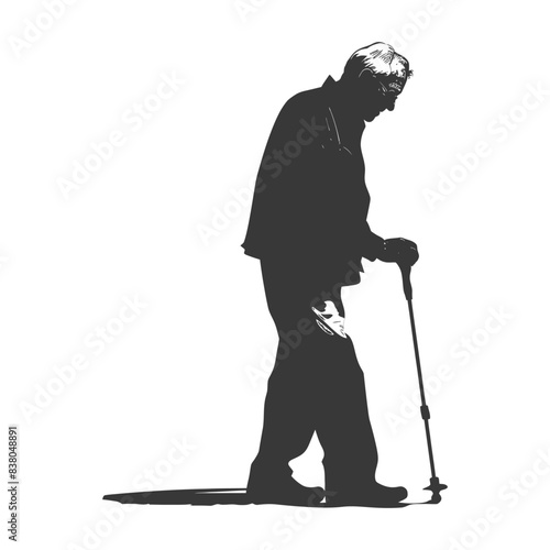 silhouette elderly man with walking stick full body black color only