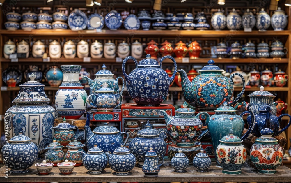A display of blue and white pottery with a variety of shapes and sizes A display of blue and white pottery with a variety of shapes and sizes