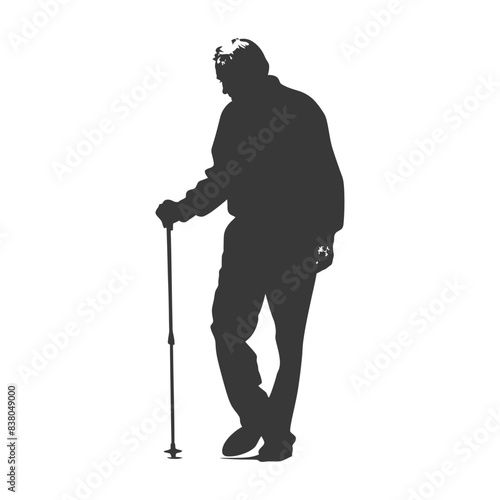 silhouette elderly man with walking stick full body black color only