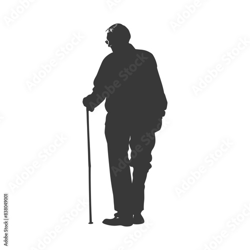 silhouette elderly man with walking stick full body black color only