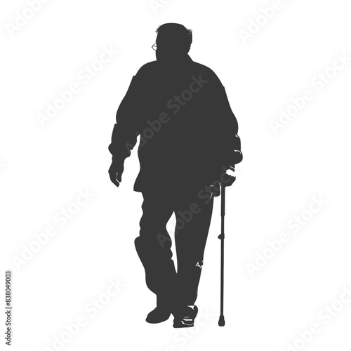 silhouette elderly man with walking stick full body black color only