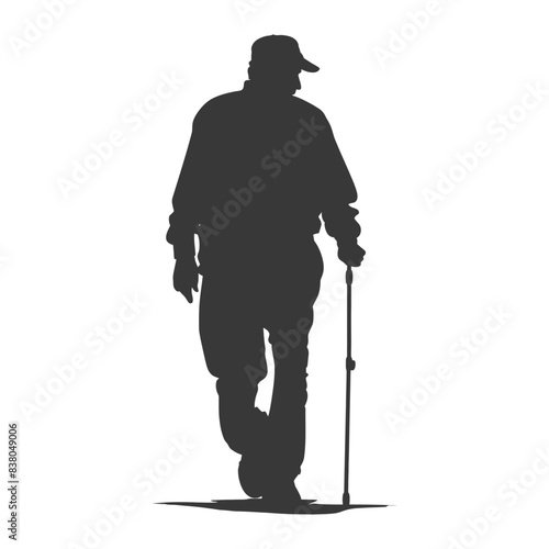 silhouette elderly man with walking stick full body black color only