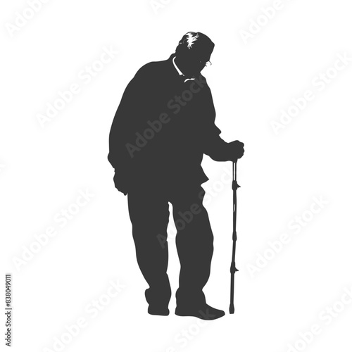 silhouette elderly man with walking stick full body black color only