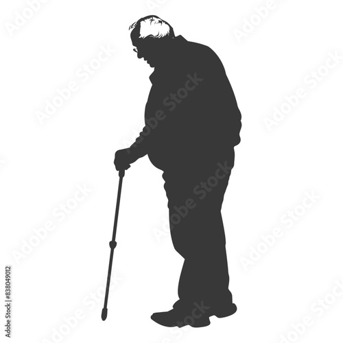 silhouette elderly man with walking stick full body black color only