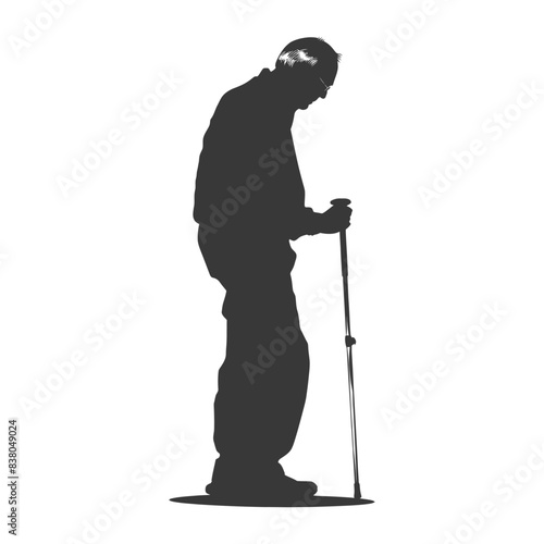 silhouette elderly man with walking stick full body black color only