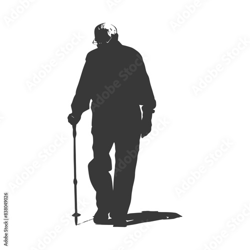 silhouette elderly man with walking stick full body black color only
