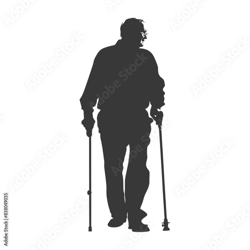 silhouette elderly man with walking stick full body black color only