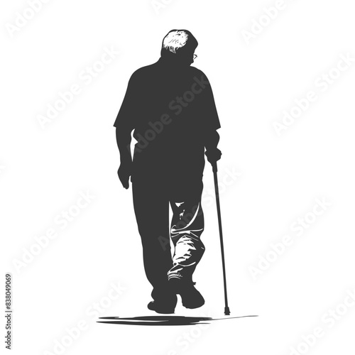 silhouette elderly man with walking stick full body black color only