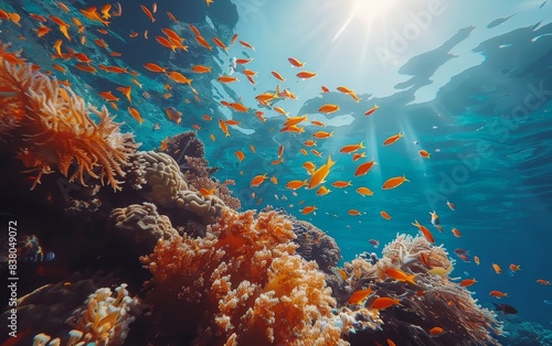 A school of fish swims in the ocean near coral