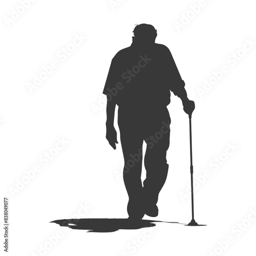 silhouette elderly man with walking stick full body black color only