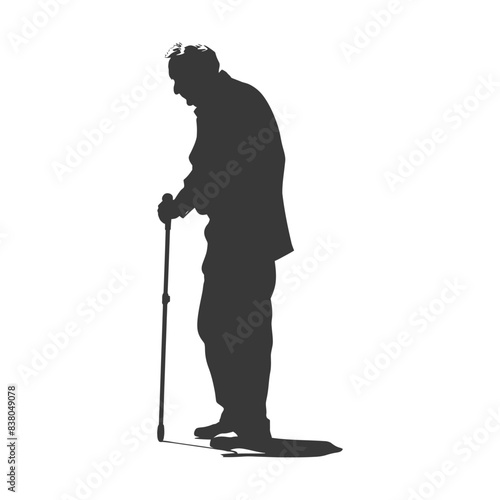 silhouette elderly man with walking stick full body black color only