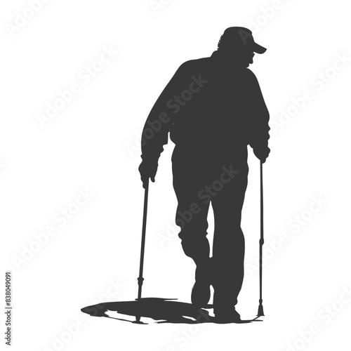 silhouette elderly man with walking stick full body black color only