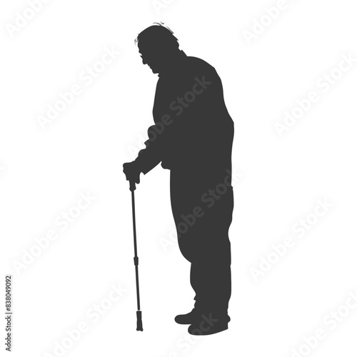 silhouette elderly man with walking stick full body black color only