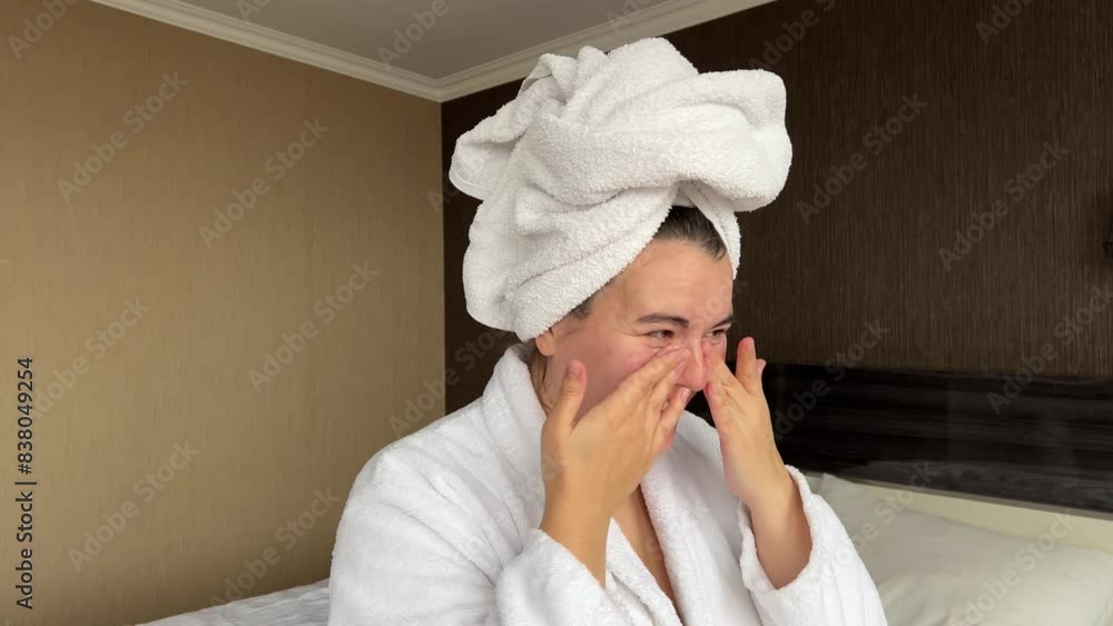 Horizontal 4K video. White woman in towel on head, robe applies moisturizer cream to face in hotel bed room. Skin protection during cold season. Spa salon. Rest, relax, march 8, body care, 14 february Horizontal 4K video. White woman in towel on head, robe applies moisturizer cream to face in hotel bed room. Skin protection during cold season. Spa salon. Rest, relax, march 8, body care, 14 february