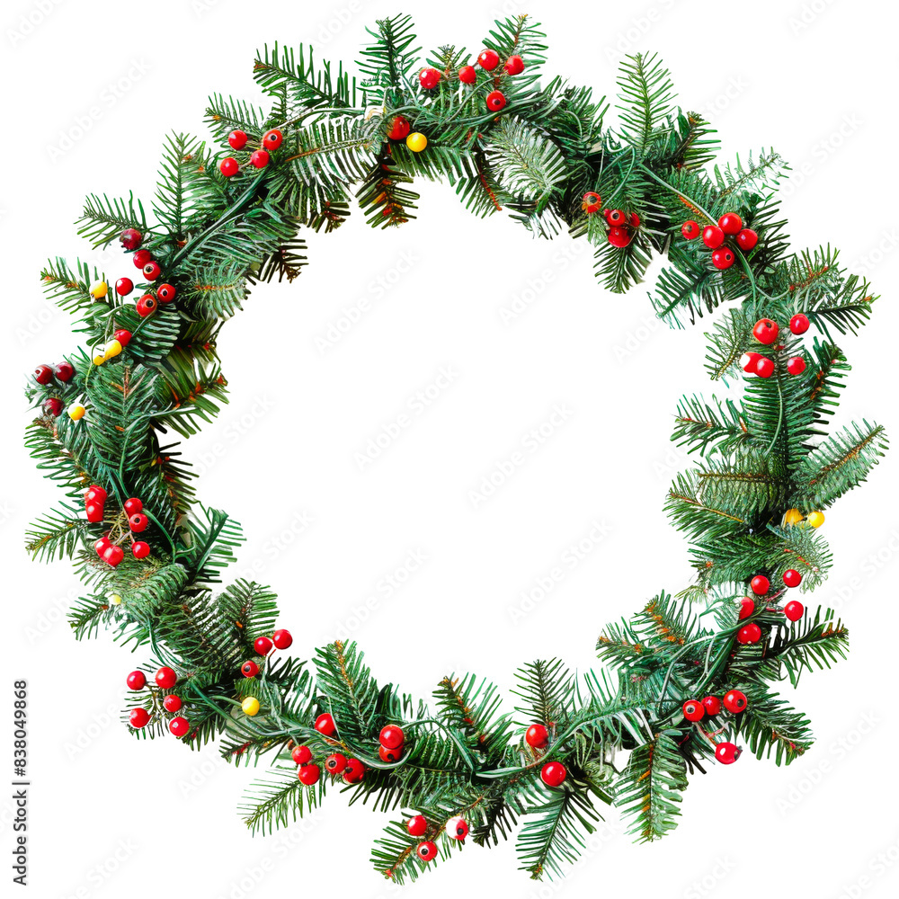 A circular Christmas wreath made of green pine branches decorated with red berries and yellow accents A circular Christmas wreath made of green pine branches decorated with red berries and yellow accents