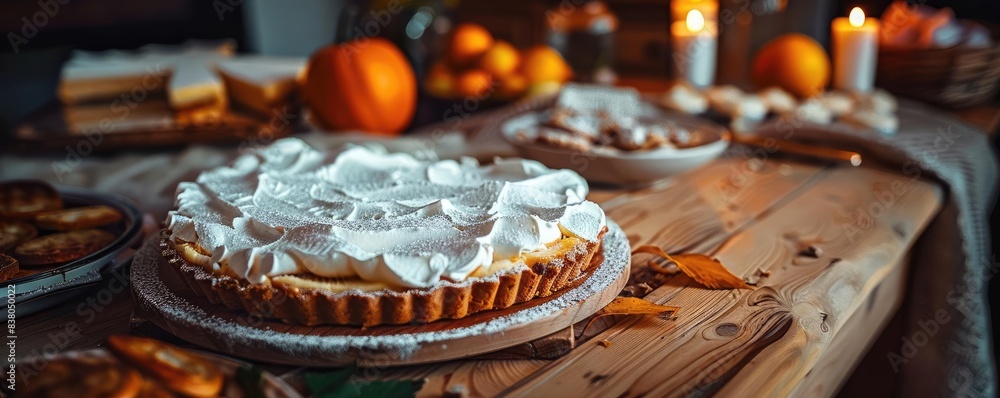 A beautifully decorated pumpkin pie with whipped cream on a wooden table surrounded by cozy candlelight and autumn-themed decorations. A beautifully decorated pumpkin pie with whipped cream on a wooden table surrounded by cozy candlelight and autumn-themed decorations.