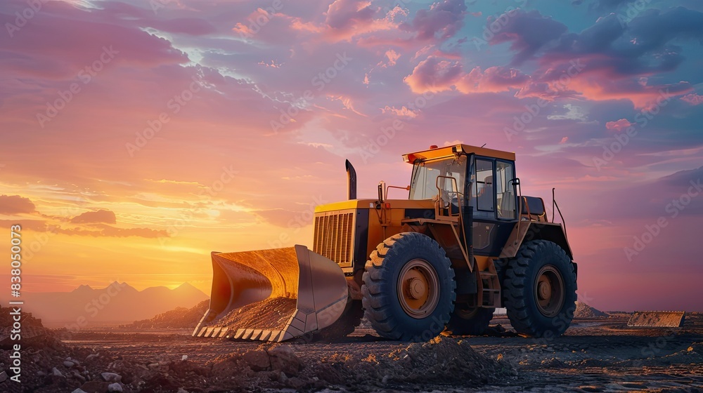 big wheel loader in construction site on sunset sky background big wheel loader in construction site on sunset sky background