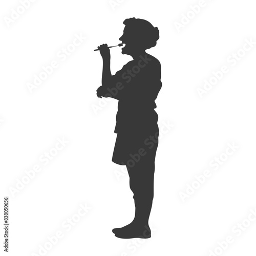 silhouette elderly woman brushing his teeth in front of mirror black color only