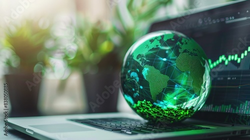 A green globe with a stock chart on the laptop screen. Green business concept. Digital sustainability. Future green energy innovation business trend. Generative Ai