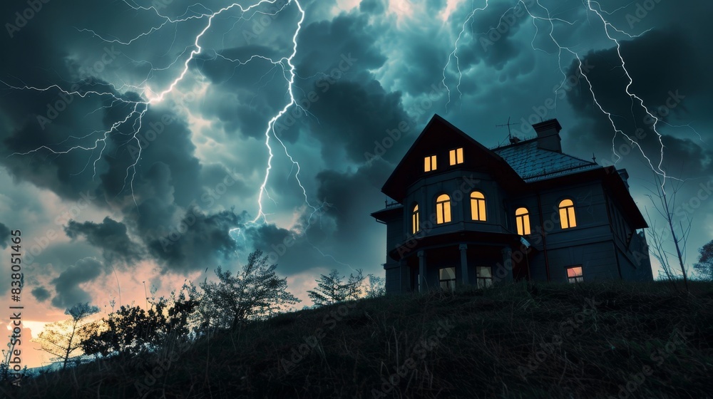 Haunted Victorian House Under Stormy Lightning Sky Haunted Victorian House Under Stormy Lightning Sky