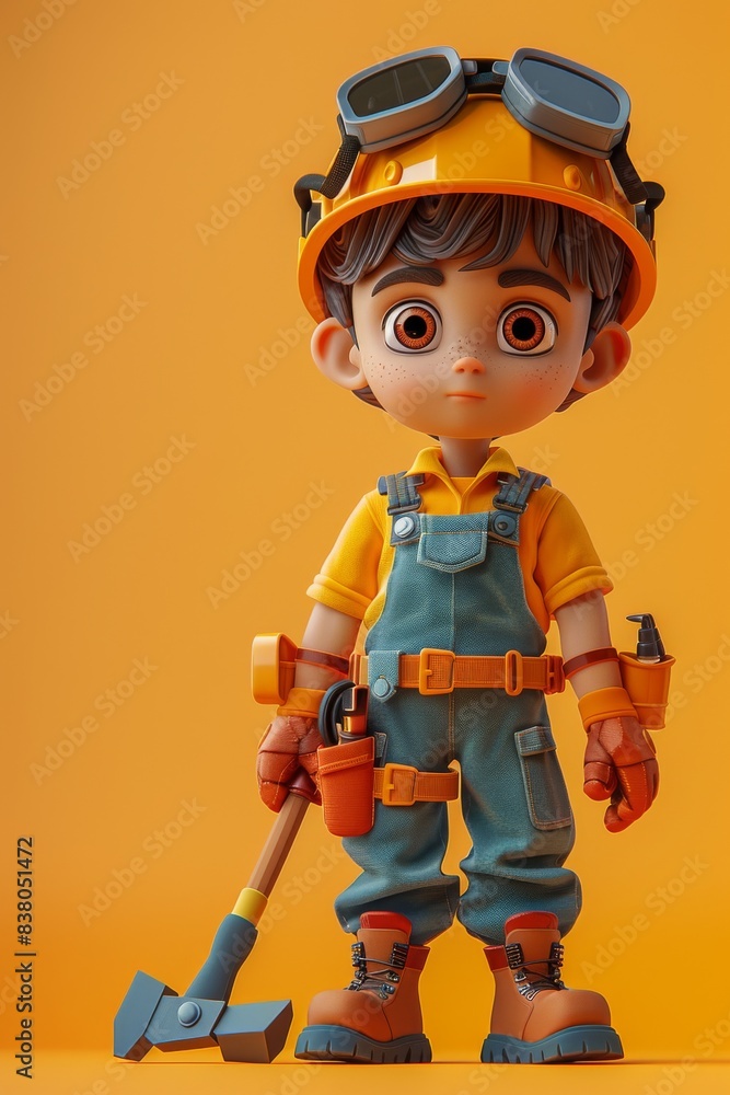 A cartoon boy in a yellow shirt and blue overalls is holding a hammer A cartoon boy in a yellow shirt and blue overalls is holding a hammer