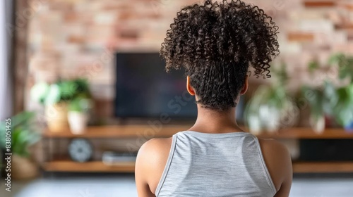 A woman with curly hair is sitting in front of a television © hakule