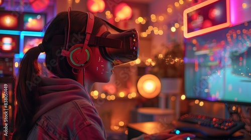 A VR gaming setup with a player immersed in a virtual reality environment. 