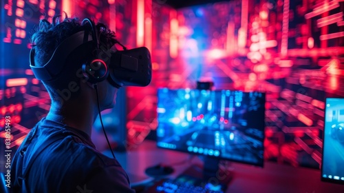 A VR gaming setup with a player immersed in a virtual reality environment. 