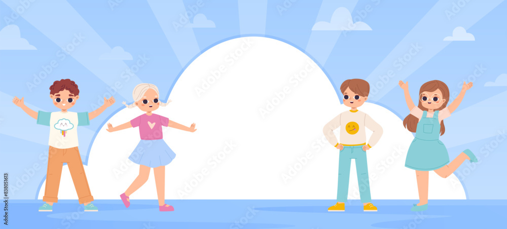 Naklejka premium Funny happy children, banner with white cloud empty space. Cute cartoon kids, positive emotions, boys and girls have fun vector background