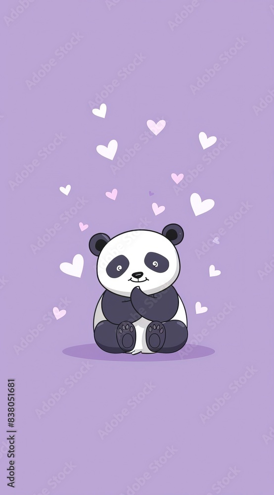 Naklejka premium cute cartoon panda with heart on purple background