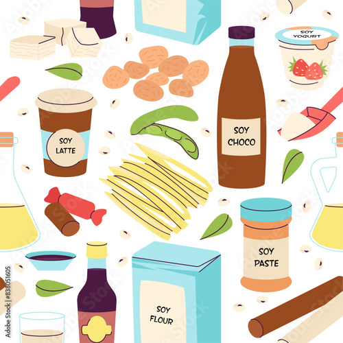 Soy seamless pattern. Soybean food and drink, tofu, milk and yogurt. Asian products fabric or wrapping print design. Ingredients decent vector background
