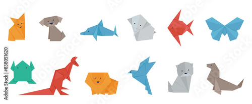 Origami animals. Japanese paper animal art, isolated frog, fox, dog and crane. Wild characters asian style, hand craft bird, butterfly, decent vector set
