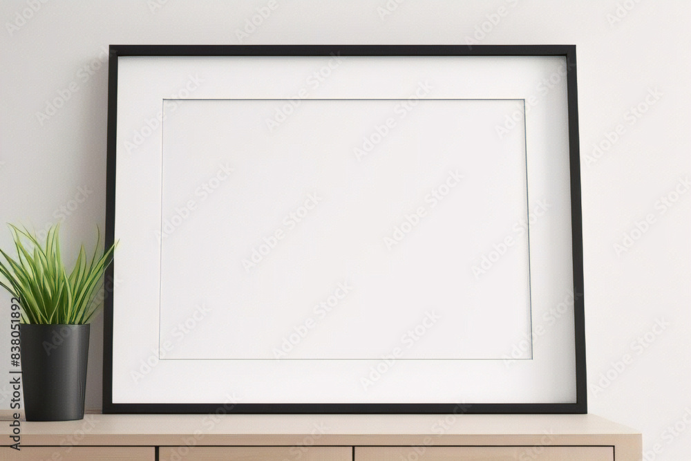 Diseño interior escandinavo de sala de estar con consola de madera, anillos en la pared, marco de póster simulado, flores en jarrón y elegantes accesorios personales Diseño interior escandinavo de sala de estar con consola de madera, anillos en la pared, marco de póster simulado, flores en jarrón y elegantes accesorios personales