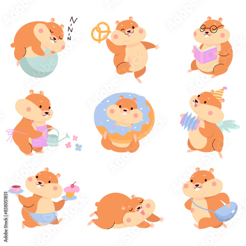 Cartoon hamsters. Cute fluffy hamster in different poses. Funny rodent sleepings, playing and eating. Fatty pets various situations, nowaday vector set