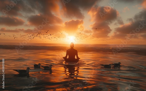 A man is sitting on a surfboard in the ocean, surrounded by birds © hakule