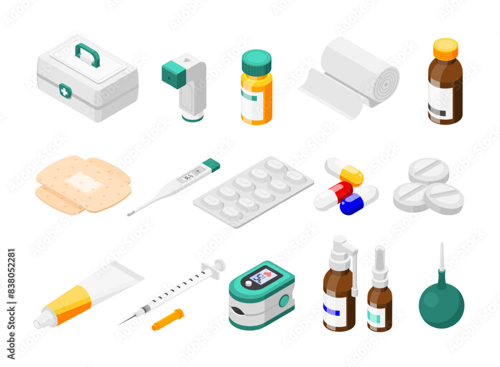 Isometric medical equipment and first aid kit. Pills, bandage, cream tube and bottles. Pharmacy and hospital elements, flawless vector clipart Isometric medical equipment and first aid kit. Pills, bandage, cream tube and bottles. Pharmacy and hospital elements, flawless vector clipart