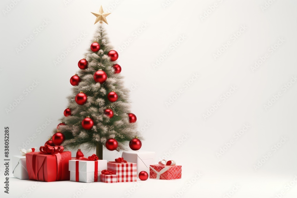 A decorated Christmas tree with red ornaments and gifts sits in front of a white background A decorated Christmas tree with red ornaments and gifts sits in front of a white background