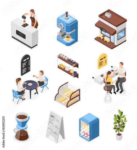 Isometric restaurant elements. Cafe or cafeteria workers doing filter coffee. Women drink tea, meeting in bar. Food court furniture, flawless vector collection