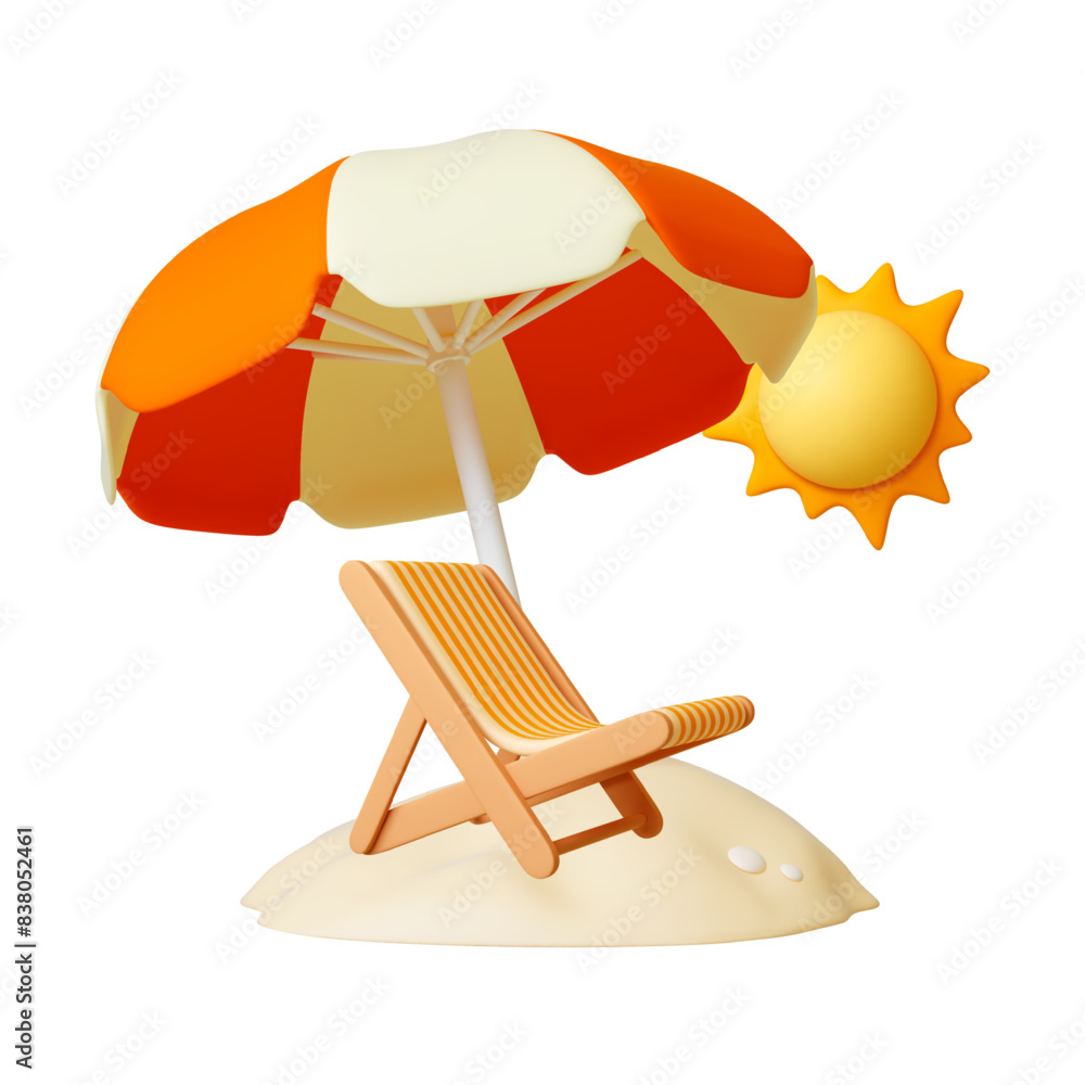 Beach vacation 3d render concept. Sun protect umbrella on sand, deck