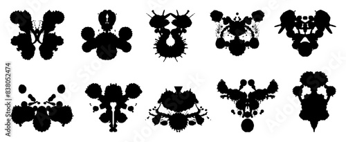 Rorschach blots. Psychology and psychiatry test tools, mental health and disease diagnostic. Painting blobs in different shapes, neoteric vector set