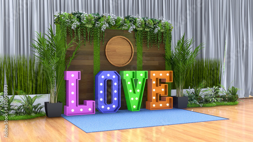 Fototapeta Naklejka Na Ścianę i Meble -  3d illustration backdrop photo booth decoration plants with big text LOVE lighted and blank space title name wood construction for event wedding exhibition.