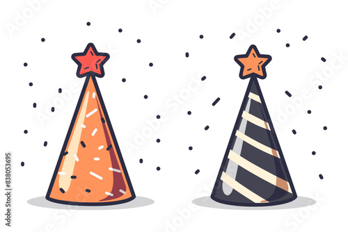 Two party hats with star toppers and confetti, one orange and one black, set against a white background. Flat vector illustration.