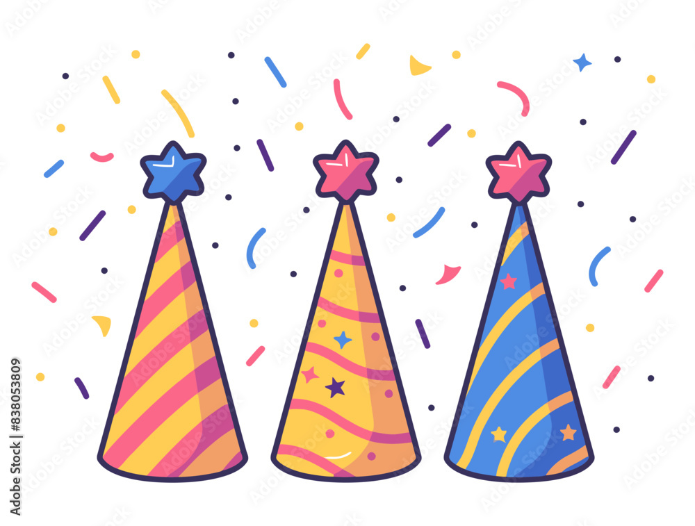 Three colorful party hats with stars and stripes, surrounded by confetti. Flat vector illustration. Three colorful party hats with stars and stripes, surrounded by confetti. Flat vector illustration.