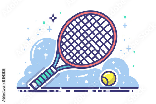 Tennis racket and ball with abstract background elements. Flat vector illustration.