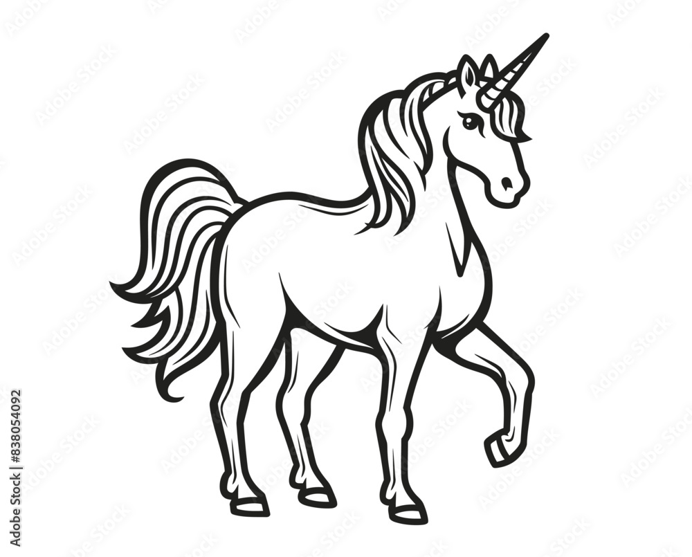 A simple yet elegant line art illustration of a majestic unicorn, capturing its mythical essence. Flat vector illustration. A simple yet elegant line art illustration of a majestic unicorn, capturing its mythical essence. Flat vector illustration.