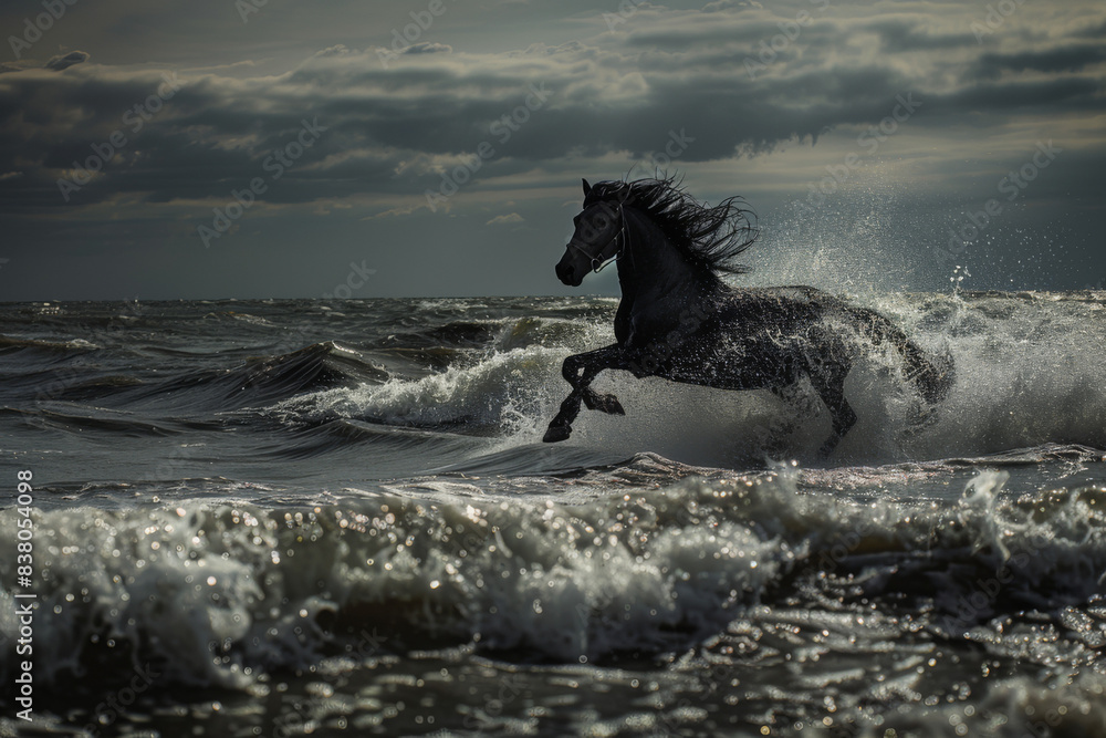 A scene of a black horse galloping along the shoreline, focusing on the dynamic contrast between the horse's dark coat and the bright, sparkling water - Generative AI A scene of a black horse galloping along the shoreline, focusing on the dynamic contrast between the horse's dark coat and the bright, sparkling water - Generative AI