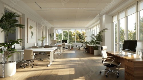 An open-plan office space with ergonomic furniture. 