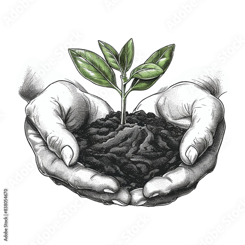 Male hands caring for green seedlings, hands holding little green leaves, vector drawing in sketch style