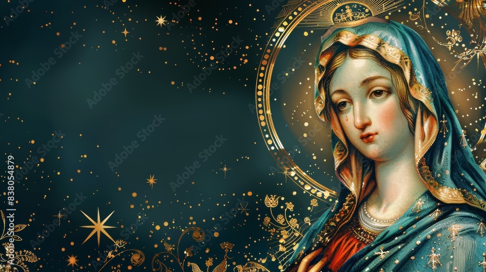 A painting of the Immaculate Conception with a blue robe and a tear on her cheek A painting of the Immaculate Conception with a blue robe and a tear on her cheek