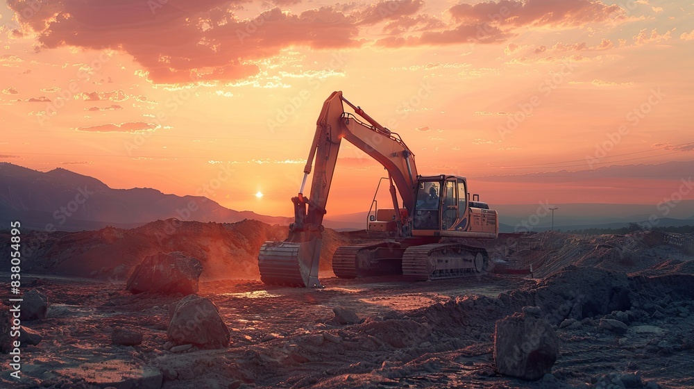 big excavator in construction site on sunset sky background big excavator in construction site on sunset sky background